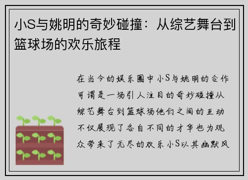 小S与姚明的奇妙碰撞：从综艺舞台到篮球场的欢乐旅程